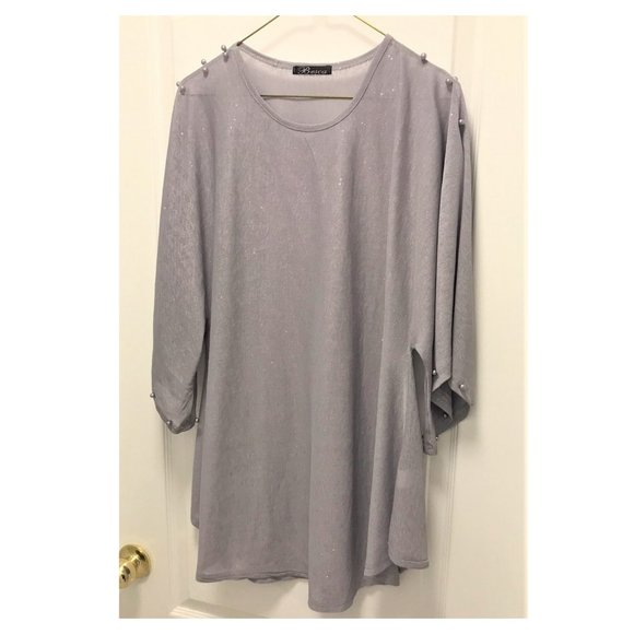 Grey Pearls Embellished Kimono Sleeve Tunic Top Size L - Picture 1 of 4